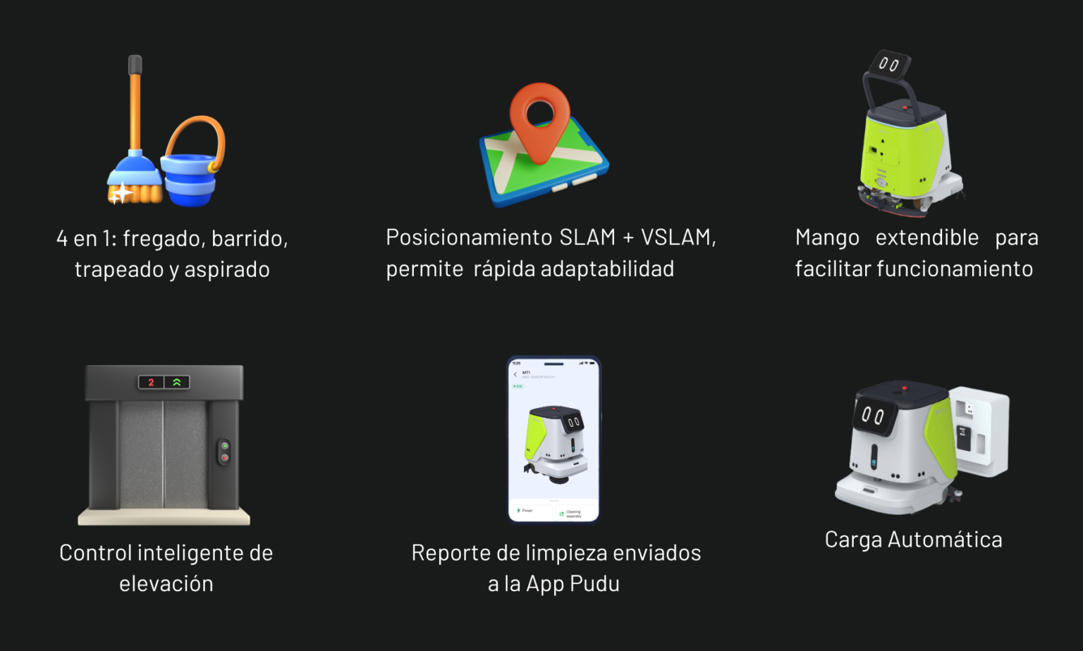 Caracteristicas del robot CC1 Pudu robotics, 4 en 1: Barrido, trapeado, fregado y aspirado.