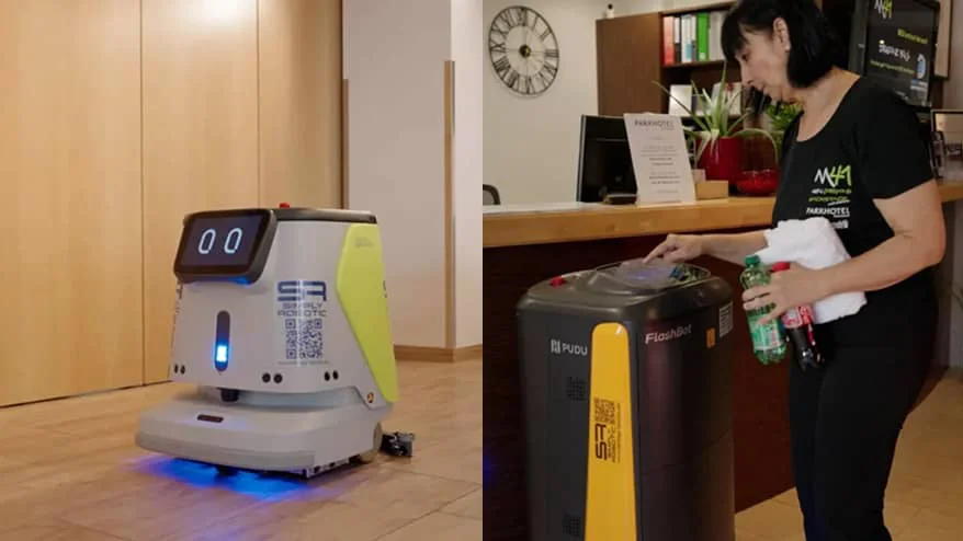 Robot de servicio atendiendo en la recepción de un hotel